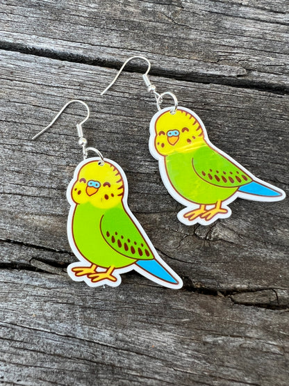 Green Budgie Bird Earrings