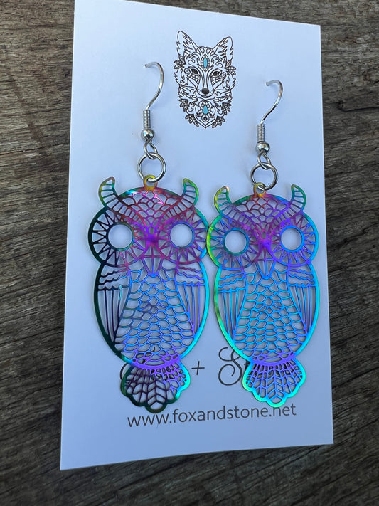 Owls Iridescent Filigree Earrings