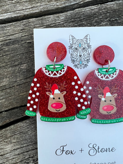 Merry Christmas Reindeer Sweater Earrings