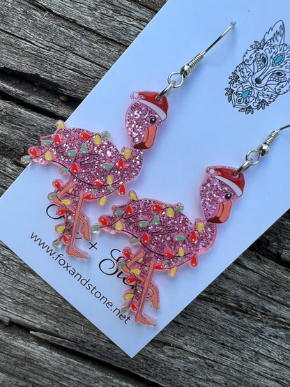 Merry Christmas Flamingo Earrings