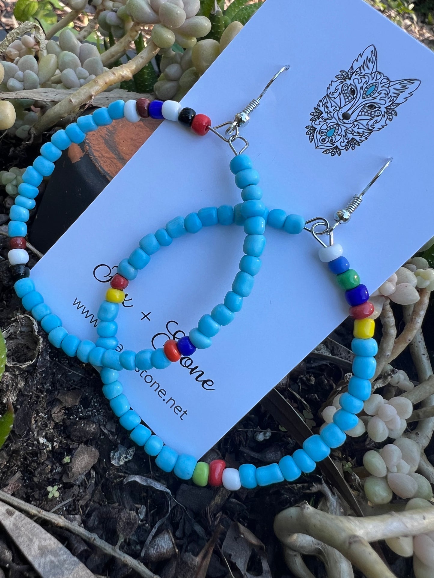 Blue Large Beaded Hoop Earrings