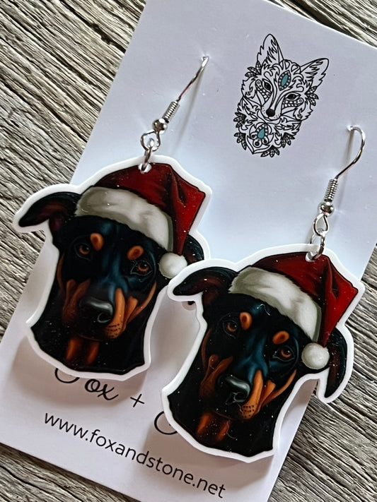 Doberman Santa Hat Dog Earrings