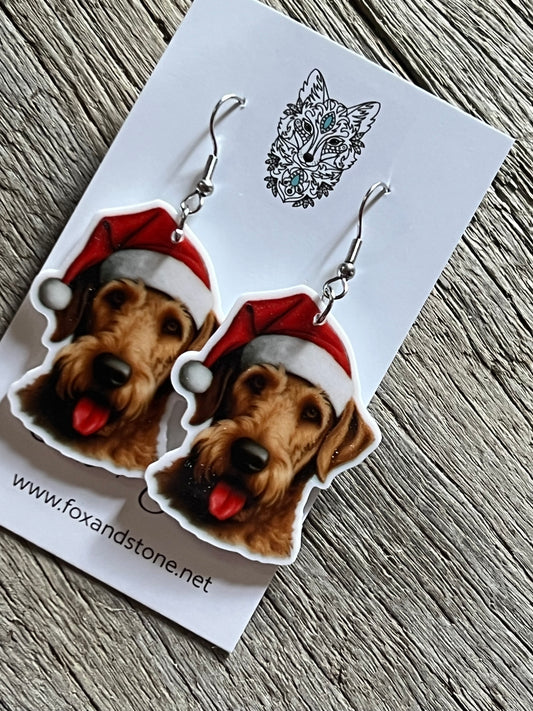 Airdale Terrier Santa Hat Dog Earrings