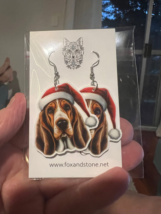 Basset Hound Santa Hat Dog Earrings