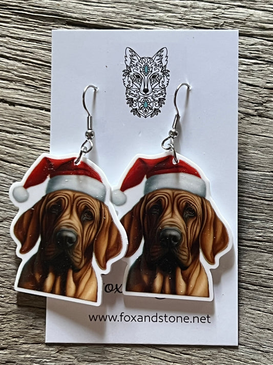 Bloodhound Santa Hat Dog Earrings