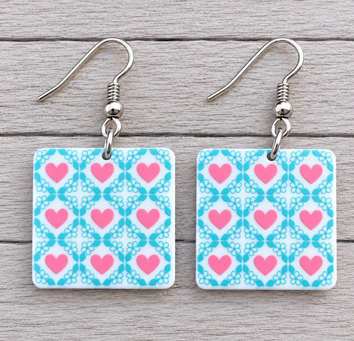 Pink Square Hearts Earrings