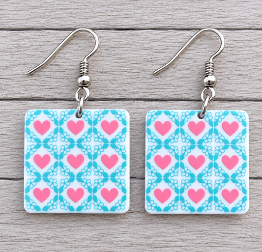 Pink Square Hearts Earrings