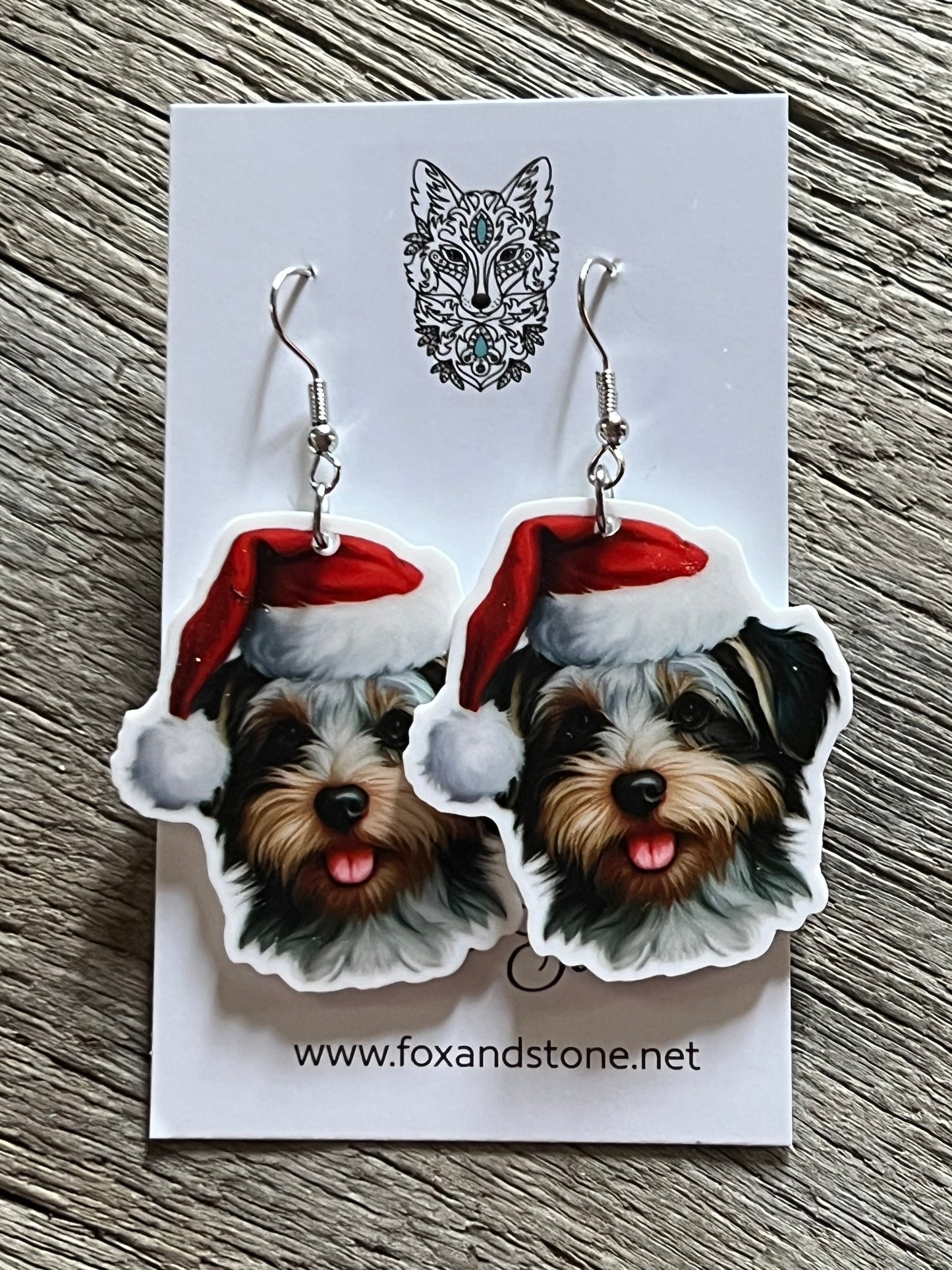 Biewer Terrier Multi Santa Hat Dog Earrings