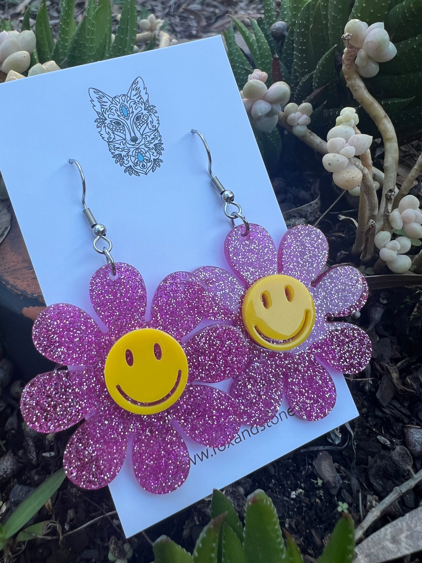 Pink Flower Happy Glitter Earrings