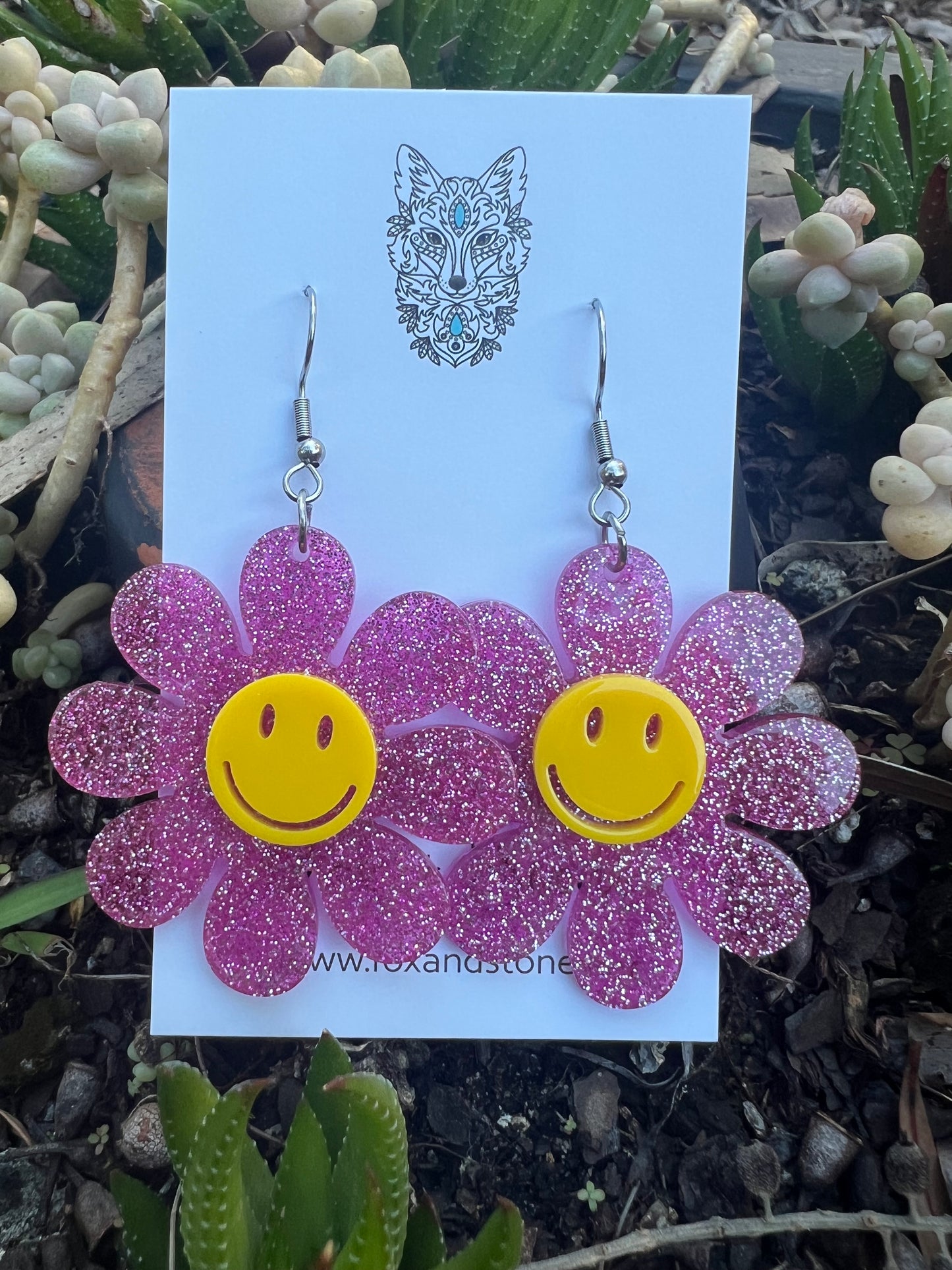 Pink Flower Happy Glitter Earrings