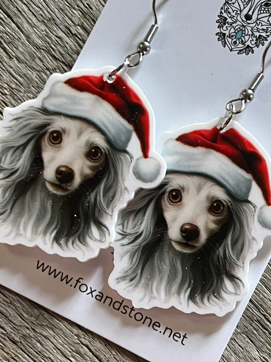 Chinese Crested Santa Hat Dog Earrings