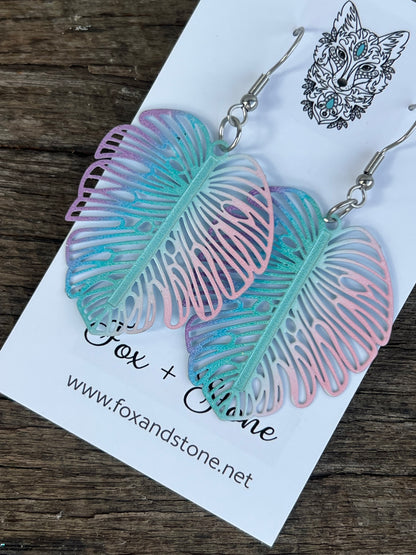 Ombre Monstera Leaf Filigree Earrings