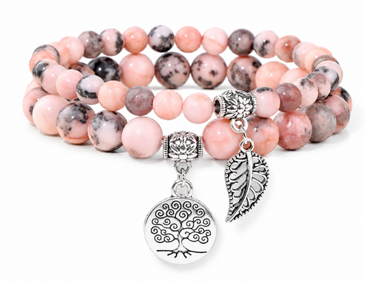 Pink Zebra Jasper Double Natural Stone Bracelets Silver