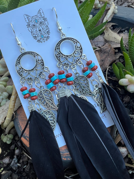 Stunning Silver Leaf Black Feather Earrings