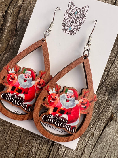 Merry Christmas Santa Wood Earrings