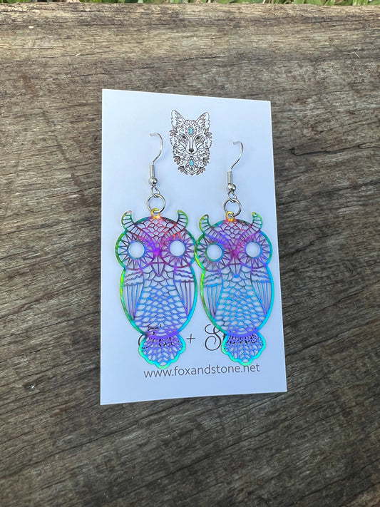 Owls Iridescent Filigree Earrings