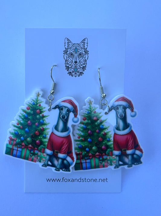 Greyhound Santa Hat Dog Earrings