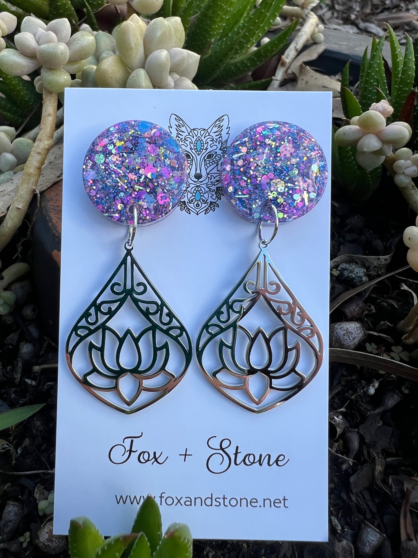 Lotus Flower Sparkle Glitter Earrings