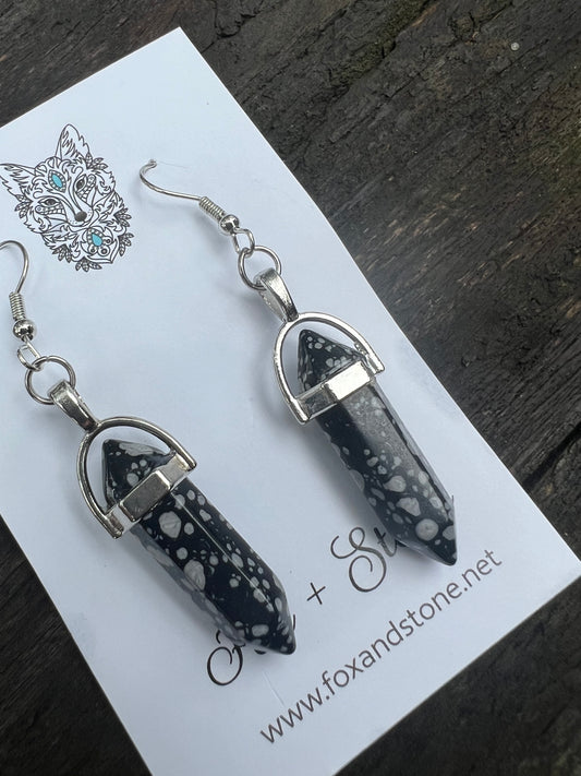 Snowflake Obsidian Gemstone Bullet Point Earrings