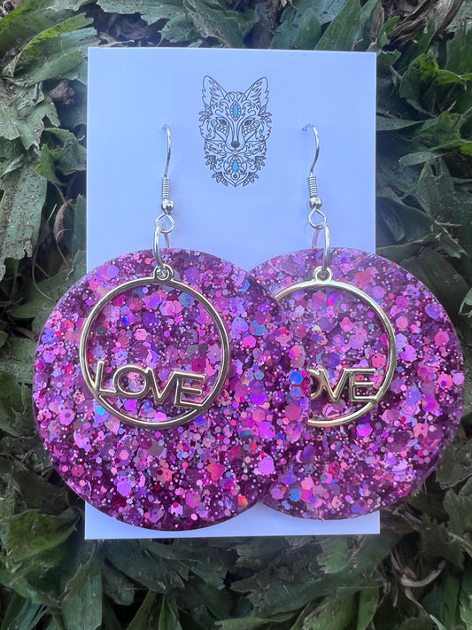 Love Statement Glitter Earrings Pink