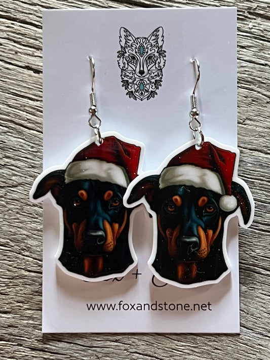 Doberman Santa Hat Dog Earrings
