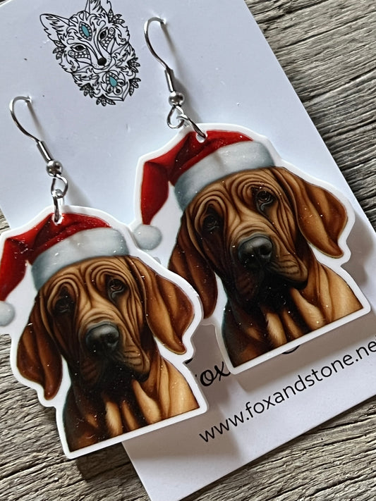 Bloodhound Santa Hat Dog Earrings