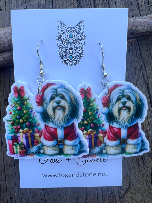 Lowchen Santa Hat Dog Earrings