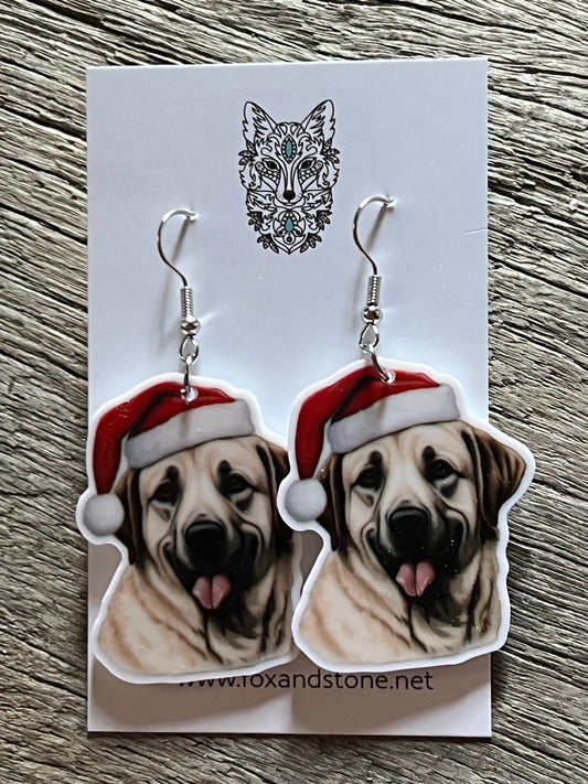 Anatolian Shepard Santa Hat Dog Earrings