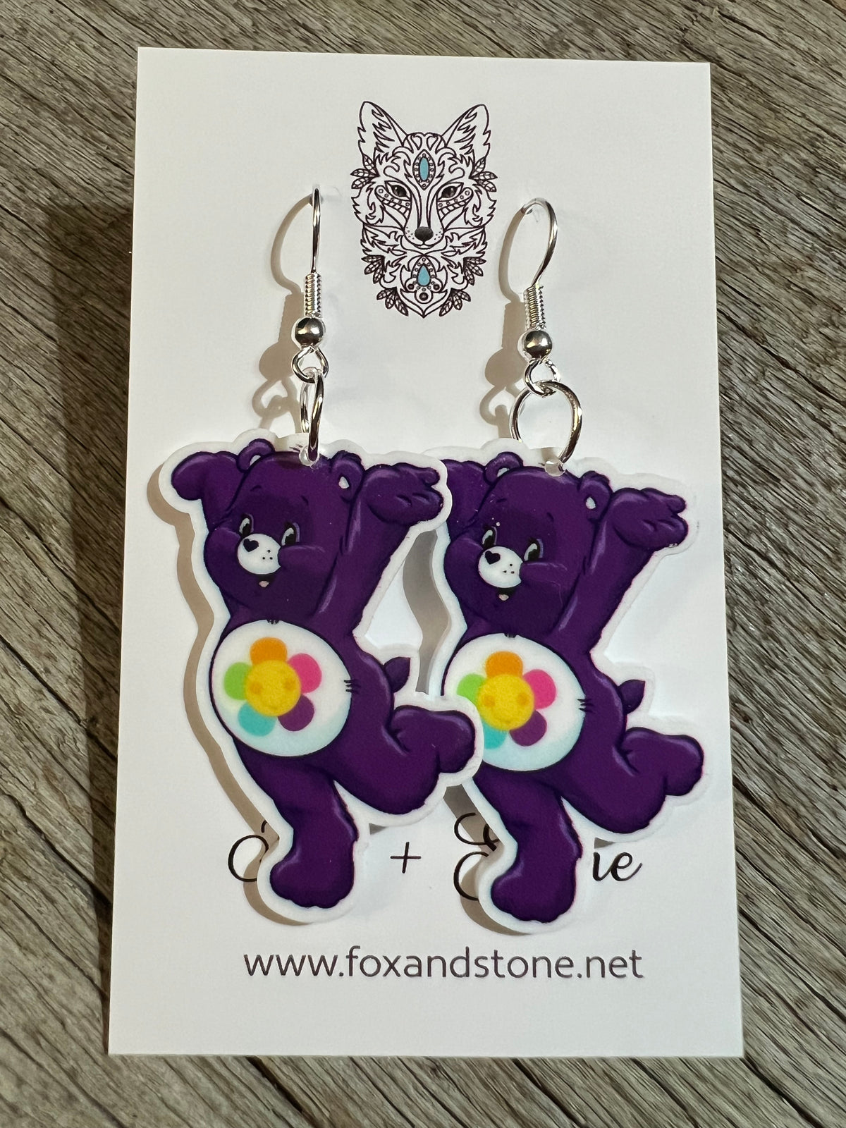 Purple Rainbow Flower Bear Earrings