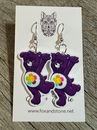 Purple Rainbow Flower Bear Earrings
