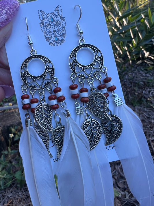 Stunning Silver Leaf White Feather Earrings