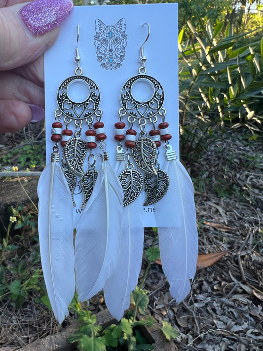 Stunning Silver Leaf White Feather Earrings