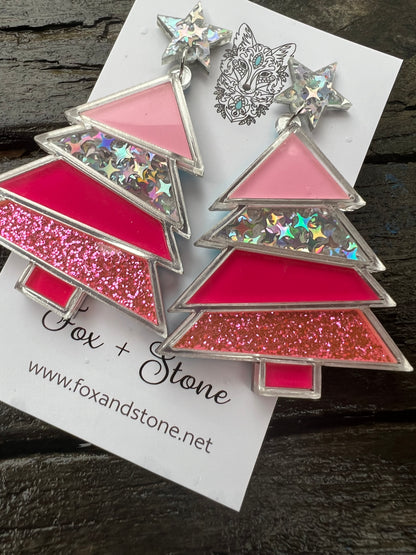 Christmas Tree Pink Glitter Earrings