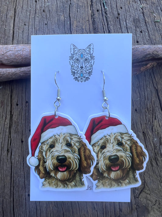 Golden Doodle Santa Hat Dog Earrings