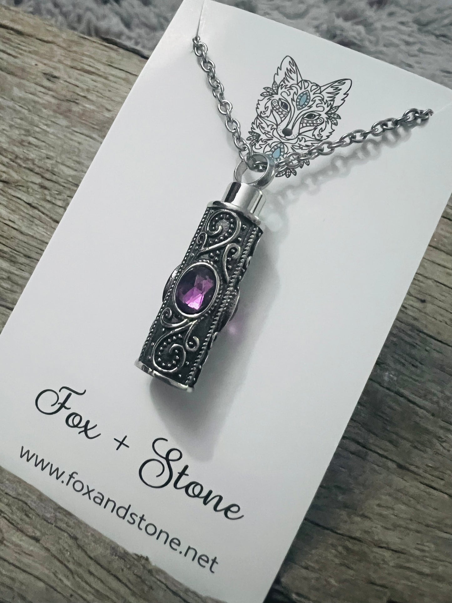 Ashes Keepsake Pendant Stainless Steel Purple Stones