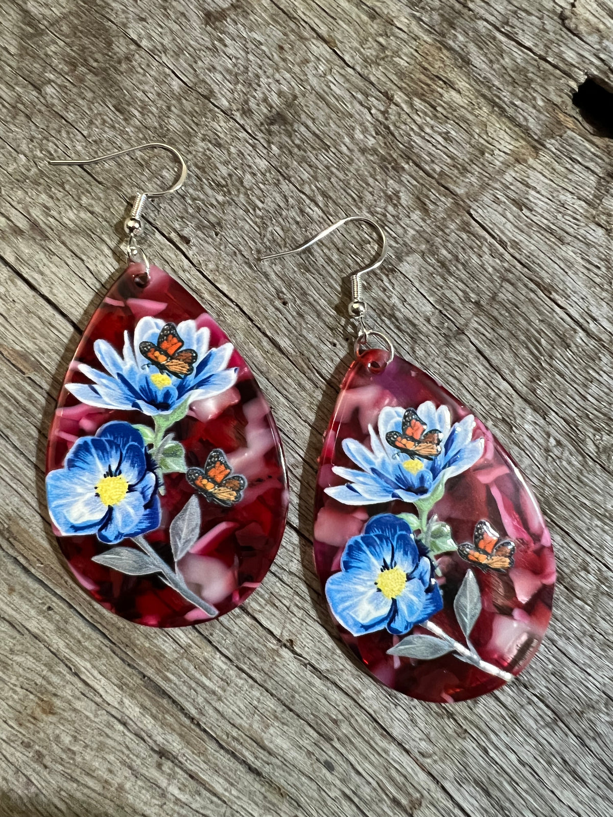 Blue Red Floral Earrings