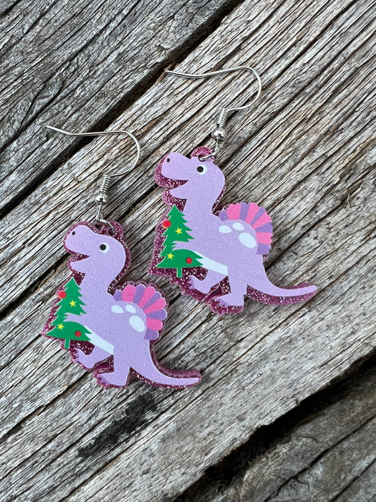 Purple Dinosaur Xmas Earrings
