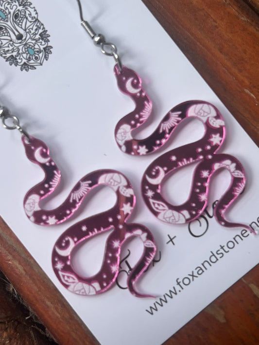 Pink Mirror Snakes Earrings