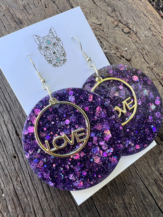 Love Statement Glitter Earrings Purple