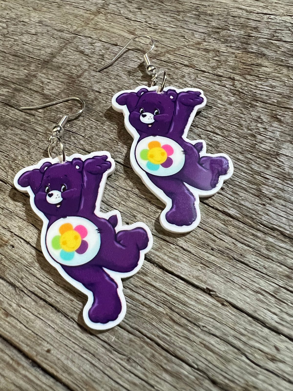 Purple Rainbow Flower Bear Earrings