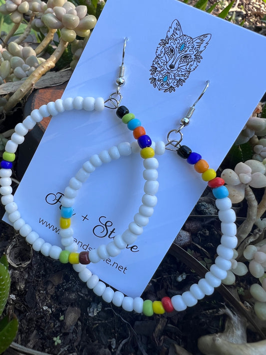 White Large Beaded Hoop Earrings
