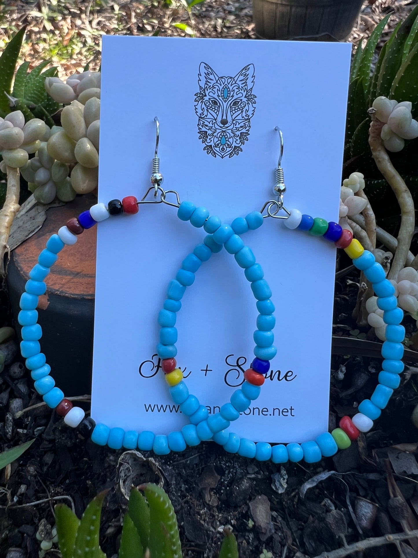 Blue Large Beaded Hoop Earrings