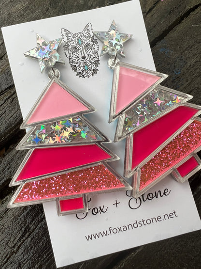 Christmas Tree Pink Glitter Earrings