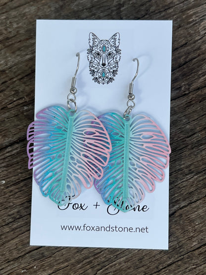 Ombre Monstera Leaf Filigree Earrings