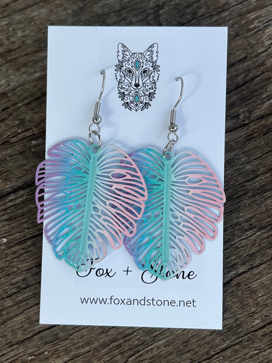 Ombre Monstera Leaf Filigree Earrings