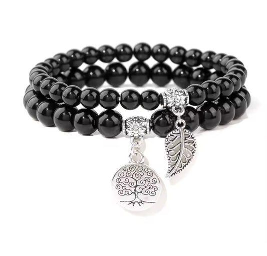 Obsidian Double Natural Stone Bracelets Silver