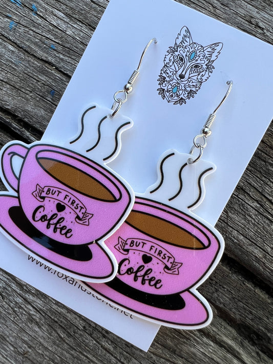 But First Coffee Pink Cup Earrings