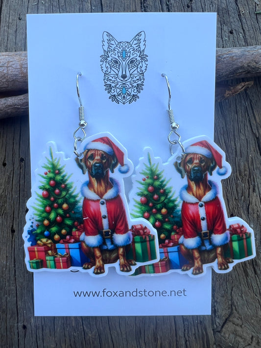 Rhodesian Ridgeback Santa Hat Dog Earrings