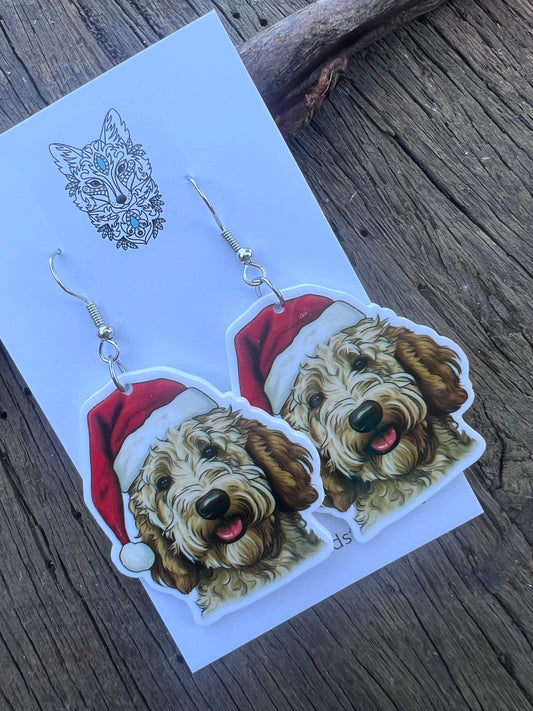 Golden Doodle Santa Hat Dog Earrings