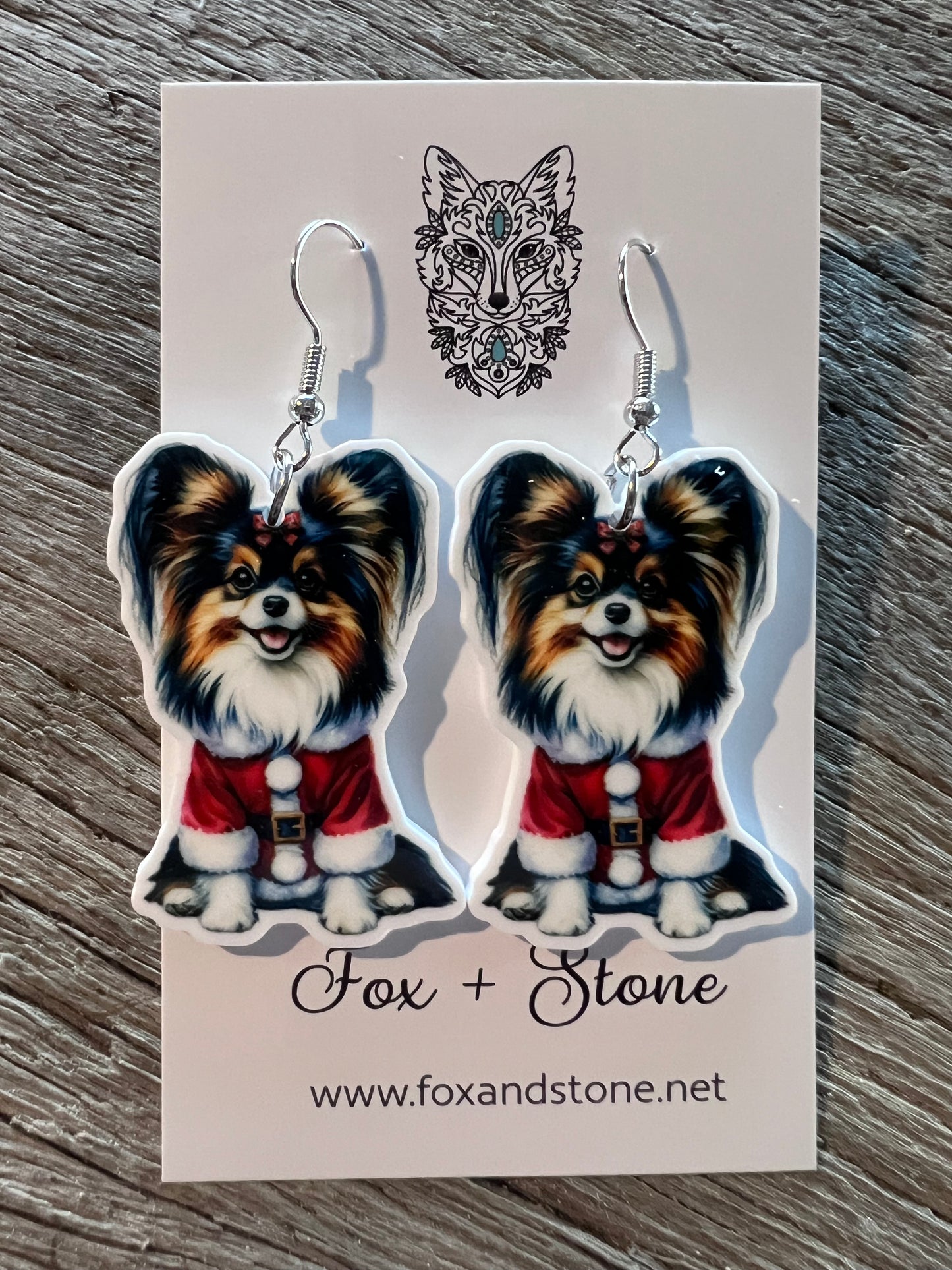 Papillon Santa Hat Dog Earrings